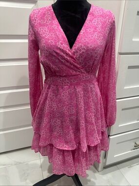 Japna Hot Pink Floral Tiered Wrap-Style Long Sleeve Dress